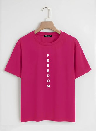 Unisex Oversize Bisiklet Yaka Freedom Baskılı Basic T-Shirt - FUŞYA