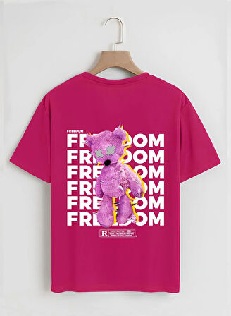 Unisex Oversize Bisiklet Yaka Freedom Baskılı Basic T-Shirt - FUŞYA