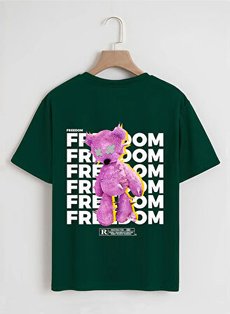 Unisex Oversize Bisiklet Yaka Freedom Baskılı Basic T-Shirt - KOYU YEŞİL