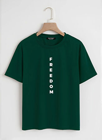 Unisex Oversize Bisiklet Yaka Freedom Baskılı Basic T-Shirt - KOYU YEŞİL