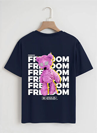 Unisex Oversize Bisiklet Yaka Freedom Baskılı Basic T-Shirt - LACİVERT