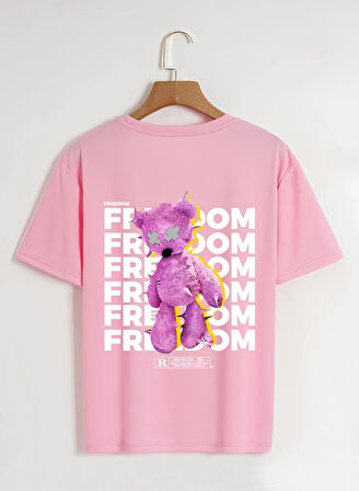 Unisex Oversize Bisiklet Yaka Freedom Baskılı Basic T-Shirt - PEMBE