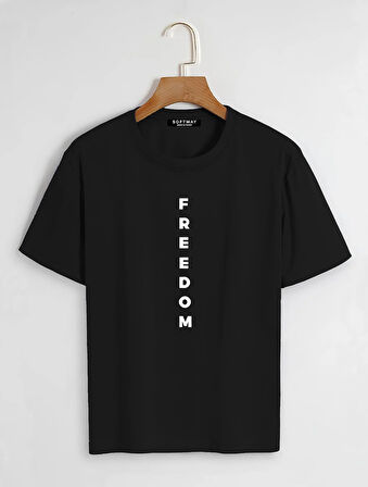 Unisex Oversize Bisiklet Yaka Freedom Baskılı Basic T-Shirt - SİYAH