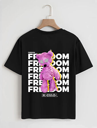 Unisex Oversize Bisiklet Yaka Freedom Baskılı Basic T-Shirt - SİYAH