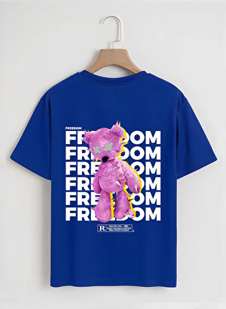 Unisex Oversize Bisiklet Yaka Freedom Baskılı Basic T-Shirt - SAKS MAVİSİ