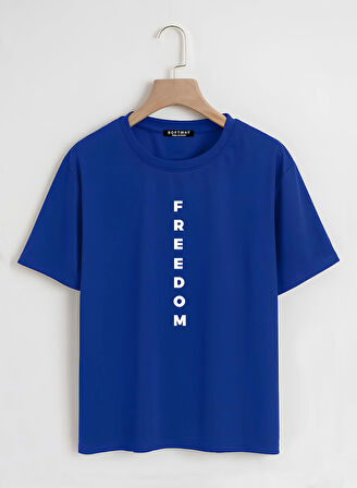 Unisex Oversize Bisiklet Yaka Freedom Baskılı Basic T-Shirt - SAKS MAVİSİ