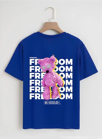 Unisex Oversize Bisiklet Yaka Freedom Baskılı Basic T-Shirt - SAKS MAVİSİ