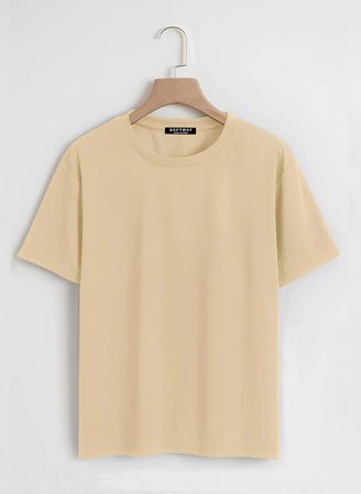 Unisex Oversize Bisiklet Yaka Butterfly Baskılı Basic T-Shirt - BEJ