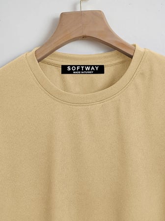 Unisex Oversize Bisiklet Yaka Butterfly Baskılı Basic T-Shirt - BEJ
