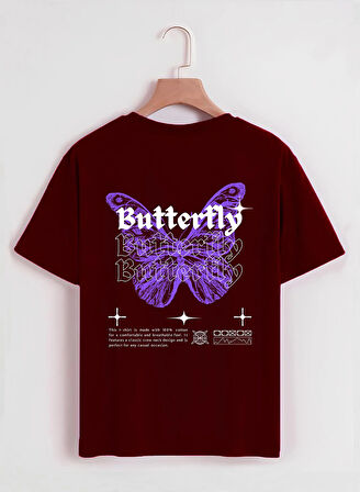 Unisex Oversize Bisiklet Yaka Butterfly Baskılı Basic T-Shirt - BORDO