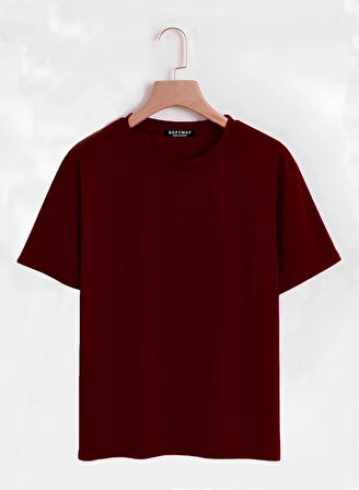 Unisex Oversize Bisiklet Yaka Butterfly Baskılı Basic T-Shirt - BORDO