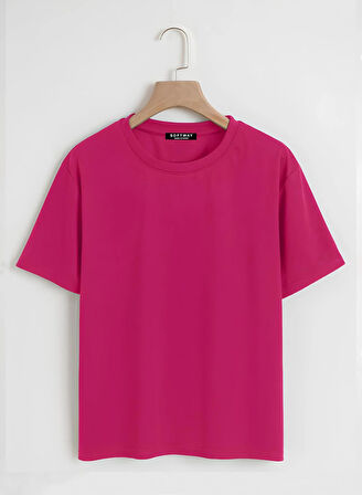 Unisex Oversize Bisiklet Yaka Butterfly Baskılı Basic T-Shirt - FUŞYA