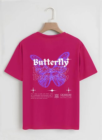 Unisex Oversize Bisiklet Yaka Butterfly Baskılı Basic T-Shirt - FUŞYA