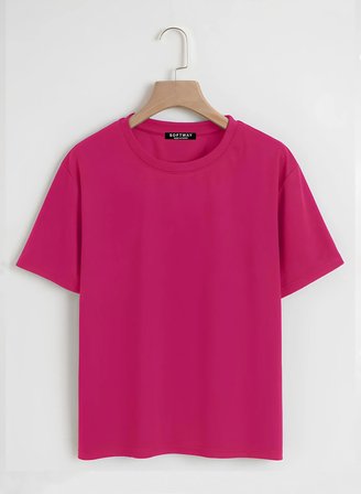 Unisex Oversize Bisiklet Yaka Butterfly Baskılı Basic T-Shirt - FUŞYA