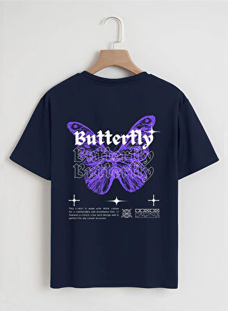 Unisex Oversize Bisiklet Yaka Butterfly Baskılı Basic T-Shirt - LACİVERT