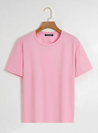 Unisex Oversize Bisiklet Yaka Butterfly Baskılı Basic T-Shirt - PEMBE