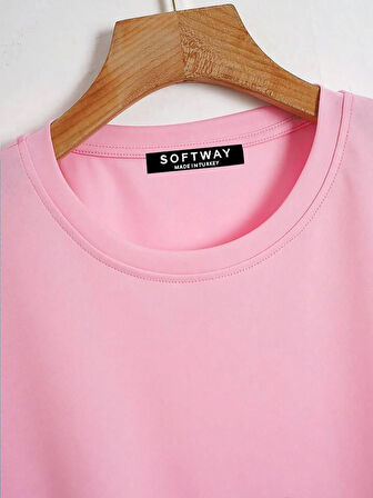Unisex Oversize Bisiklet Yaka Butterfly Baskılı Basic T-Shirt - PEMBE