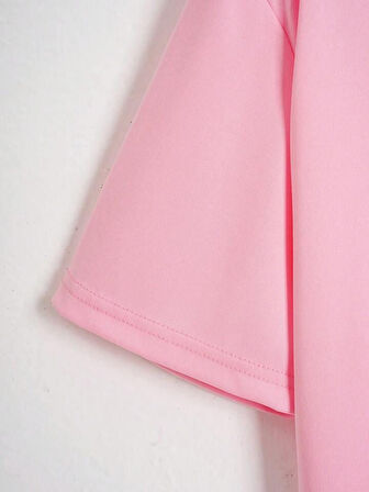 Unisex Oversize Bisiklet Yaka Butterfly Baskılı Basic T-Shirt - PEMBE