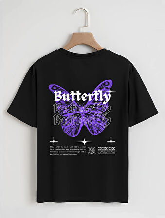 Unisex Oversize Bisiklet Yaka Butterfly Baskılı Basic T-Shirt - SİYAH