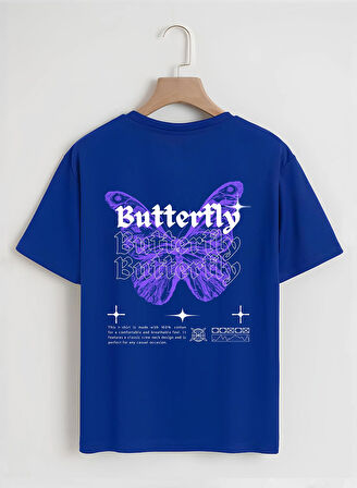 Unisex Oversize Bisiklet Yaka Butterfly Baskılı Basic T-Shirt - SAKS MAVİSİ