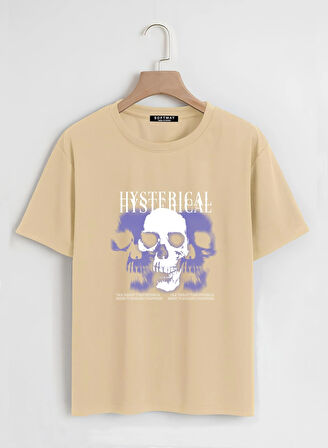 Unisex Oversize Bisiklet Yaka Hysterigal Baskılı Basic T-Shirt - BEJ