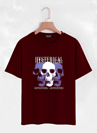 Unisex Oversize Bisiklet Yaka Hysterigal Baskılı Basic T-Shirt - BORDO