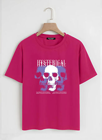 Unisex Oversize Bisiklet Yaka Hysterigal Baskılı Basic T-Shirt - FUŞYA