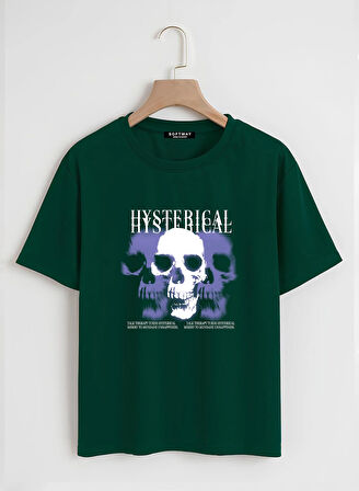 Unisex Oversize Bisiklet Yaka Hysterigal Baskılı Basic T-Shirt - KOYU YEŞİL