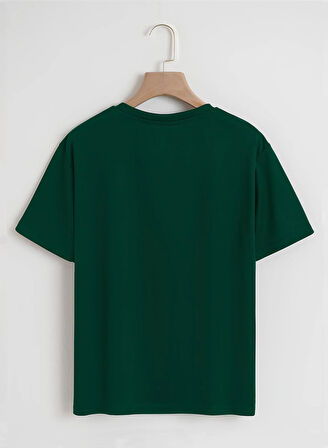 Unisex Oversize Bisiklet Yaka Hysterigal Baskılı Basic T-Shirt - KOYU YEŞİL