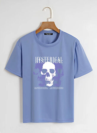 Unisex Oversize Bisiklet Yaka Hysterigal Baskılı Basic T-Shirt - MAVİ