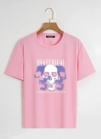 Unisex Oversize Bisiklet Yaka Hysterigal Baskılı Basic T-Shirt - PEMBE