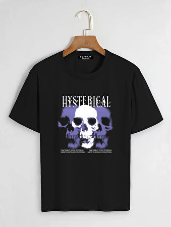 Unisex Oversize Bisiklet Yaka Hysterigal Baskılı Basic T-Shirt - SİYAH