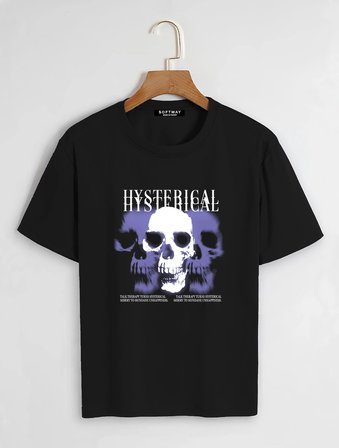Unisex Oversize Bisiklet Yaka Hysterigal Baskılı Basic T-Shirt - SİYAH