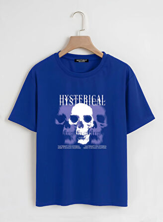 Unisex Oversize Bisiklet Yaka Hysterigal Baskılı Basic T-Shirt - SAKS MAVİSİ