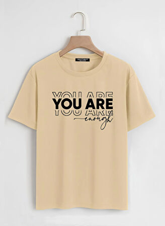 Unisex Oversize Bisiklet Yaka You Are Baskılı Basic T-Shirt - BEJ