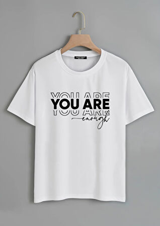 Unisex Oversize Bisiklet Yaka You Are Baskılı Basic T-Shirt - BEYAZ
