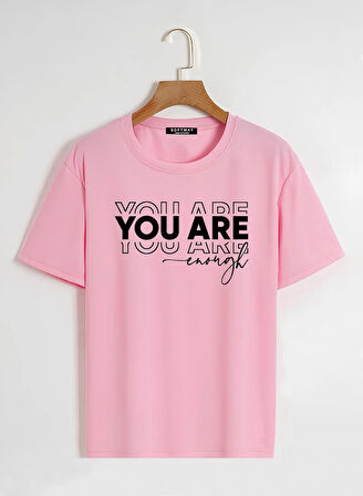 Unisex Oversize Bisiklet Yaka You Are Baskılı Basic T-Shirt - PEMBE
