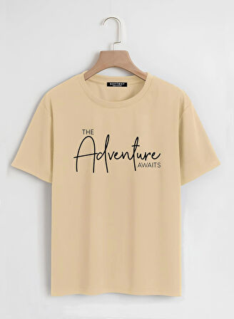 Unisex Oversize Bisiklet Yaka Adventure Baskılı Basic T-Shirt - BEJ