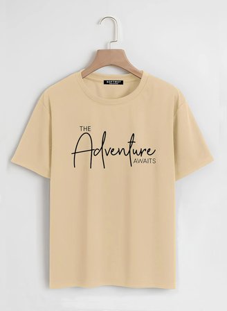 Unisex Oversize Bisiklet Yaka Adventure Baskılı Basic T-Shirt - BEJ
