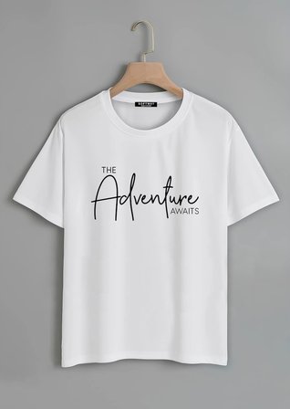 Unisex Oversize Bisiklet Yaka Adventure Baskılı Basic T-Shirt - BEYAZ
