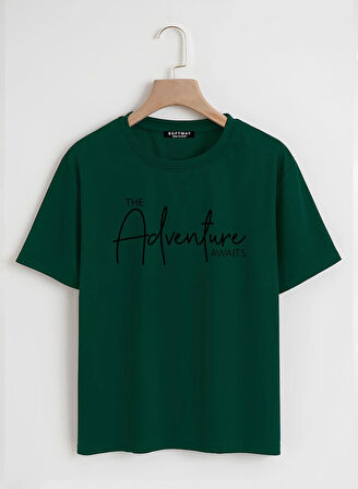 Unisex Oversize Bisiklet Yaka Adventure Baskılı Basic T-Shirt - KOYU YEŞİL