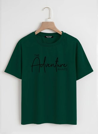 Unisex Oversize Bisiklet Yaka Adventure Baskılı Basic T-Shirt - KOYU YEŞİL