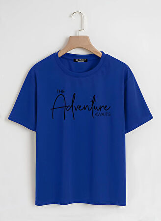 Unisex Oversize Bisiklet Yaka Adventure Baskılı Basic T-Shirt - SAKS MAVİSİ