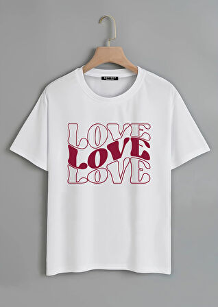 Unisex Oversize Bisiklet Yaka Theree Love Baskılı Basic T-Shirt - BEYAZ