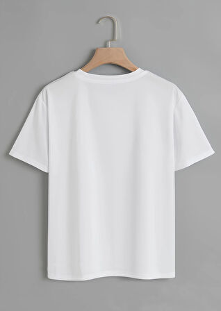 Unisex Oversize Bisiklet Yaka Theree Love Baskılı Basic T-Shirt - BEYAZ