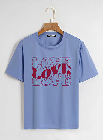 Unisex Oversize Bisiklet Yaka Theree Love Baskılı Basic T-Shirt - MAVİ