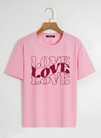 Unisex Oversize Bisiklet Yaka Theree Love Baskılı Basic T-Shirt - PEMBE