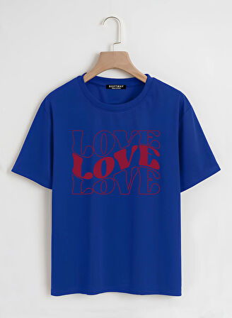 Unisex Oversize Bisiklet Yaka Theree Love Baskılı Basic T-Shirt - SAKS MAVİSİ
