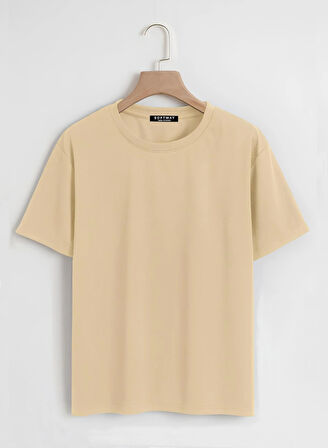 Unisex Oversize Bisiklet Yaka Rose Love Baskılı Basic T-Shirt - BEJ