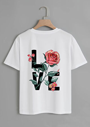 Unisex Oversize Bisiklet Yaka Rose Love Baskılı Basic T-Shirt -BEYAZ